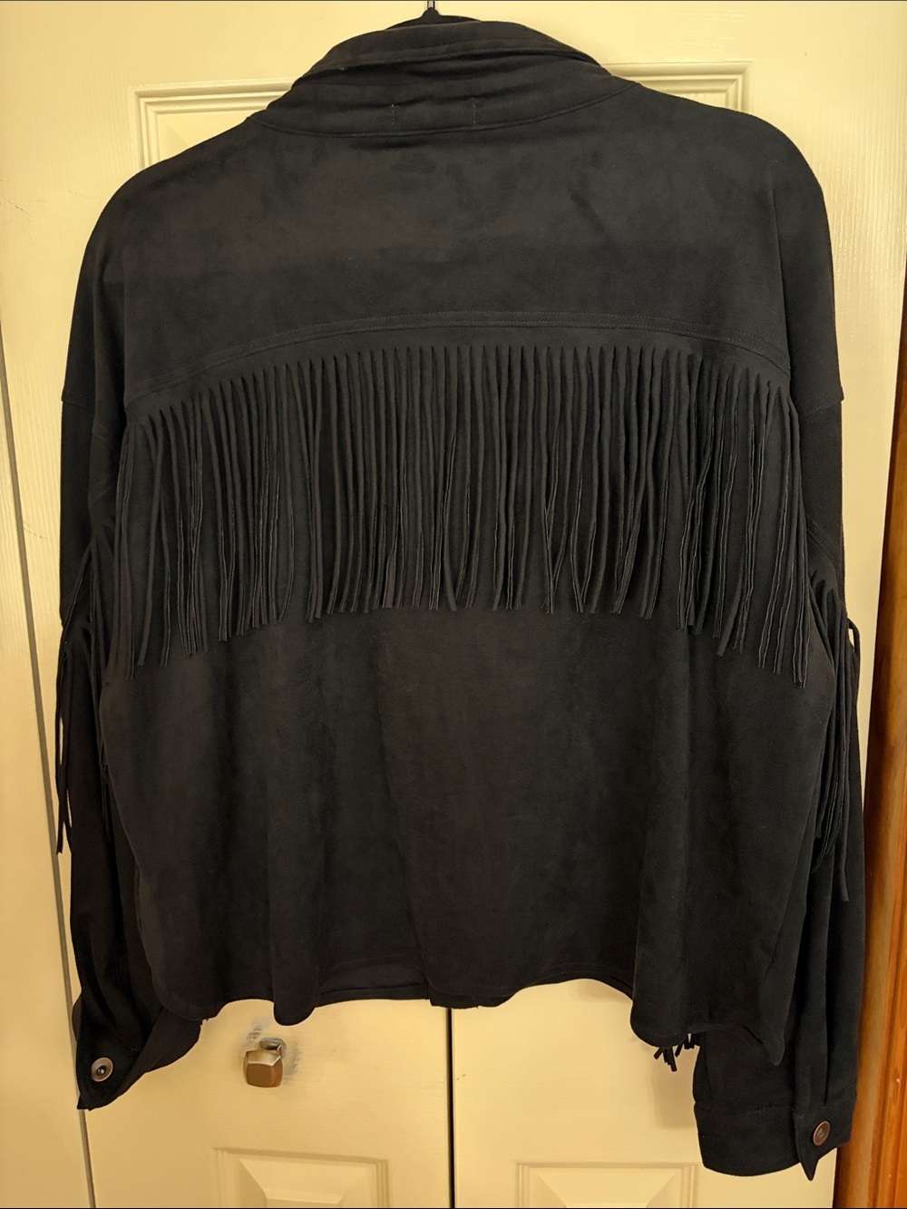 Oversized Black Fringe Suede Button-Up Jacket - - Picture 2 of 2